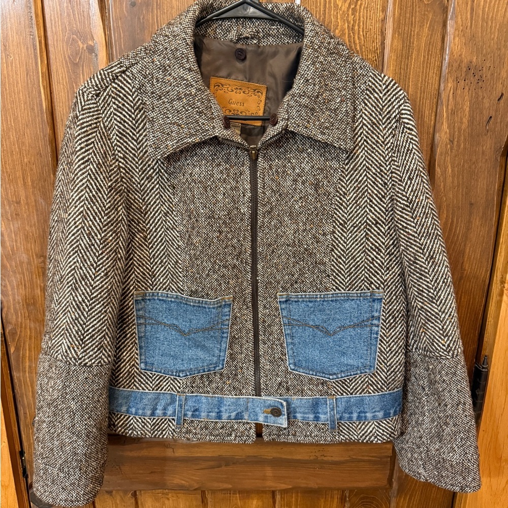 Vintage Guess Brown Tweed Jacket with Blue Denim Accents